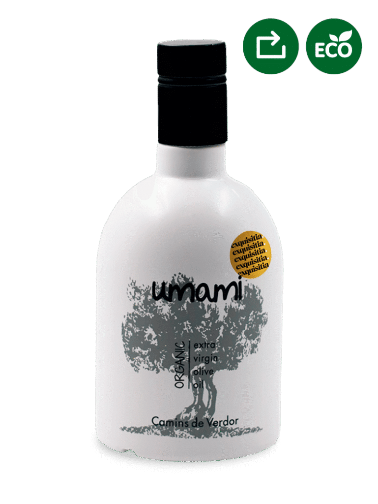 Descubre los 3 Aceite Umami Camins de Verdor 2025 / 26 - Original, Insòlit y Estuche Regalo 15 Umami, Aceite de Oliva de Camins de Verdor. Primer día de cosecha. El original. Botella blanca en Exquisitia