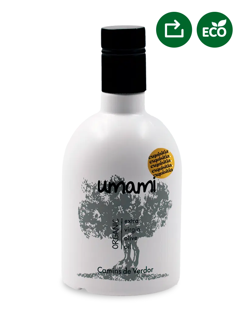 Umami, Aceite de Oliva de Camins de Verdor. Primer día de cosecha. El original. Botella blanca en Exquisitia