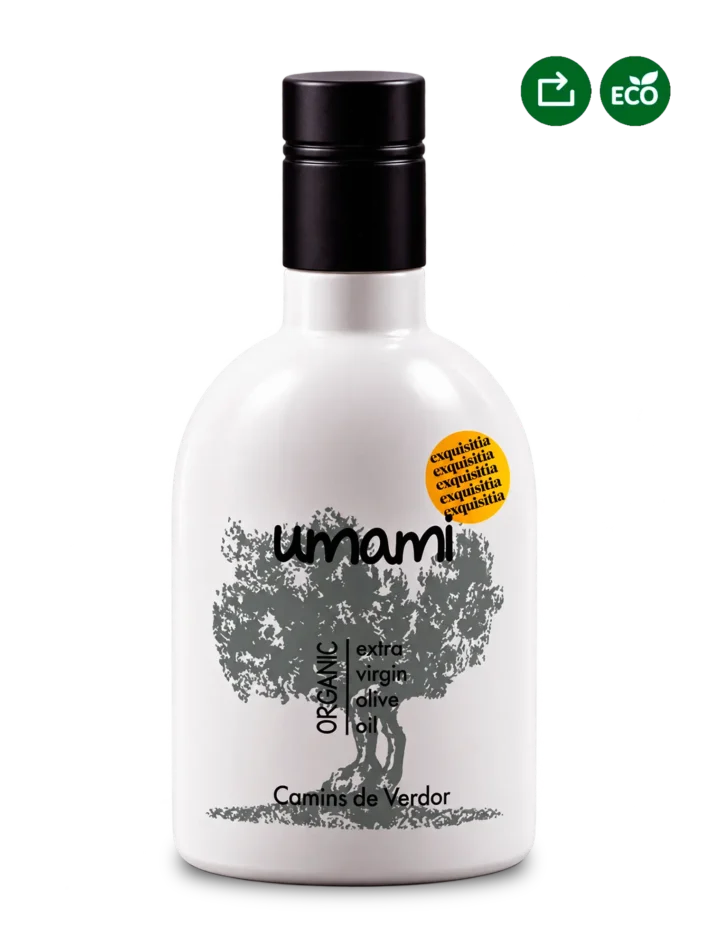 Botella blanca de Aceite Umami Original Camins de Verdor de 500 ml, con distintivos de producción ecológica, proximidad y Exquisitia.