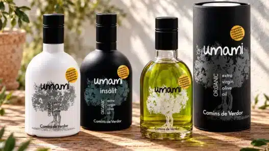 Colección de Aceites Umami Camins de Verdor: botella blanca Original, botella negra Insòlit y Estuche Regalo ecológico.