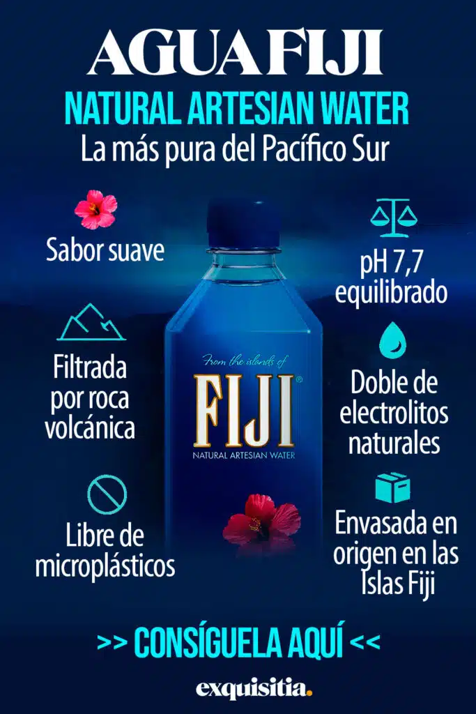 Infografía Agua Fiji Natural Artesian mineral sin gas 500 ml. Beneficios: sabor suave, filtrada por roca volcánica, pH 7,7 equilibrado, doble de electrolitos naturales, libre de microplásticos, envasada en origen en las Islas Fiji. Comprar en Exquisitia.com