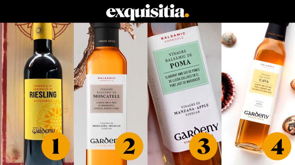 Selección Exquisitia de vinagres blancos gourmet: Riesling, Moscatel, Manzana y Cava. Frescos, aromáticos y elaborados artesanalmente para realzar pescados, mariscos, ensaladas y platos ligeros.