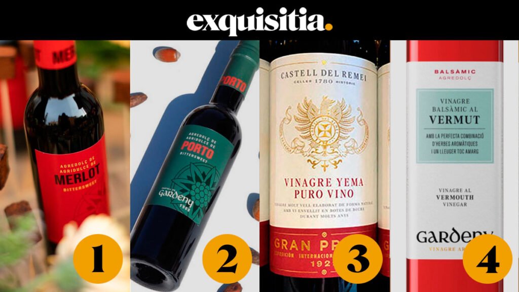 Selección Exquisitia de vinagres tintos gourmet: Merlot, Porto, Yema Puro y Vermouth. Intensos, aromáticos y elaborados artesanalmente para llevar tus platos a otro nivel.