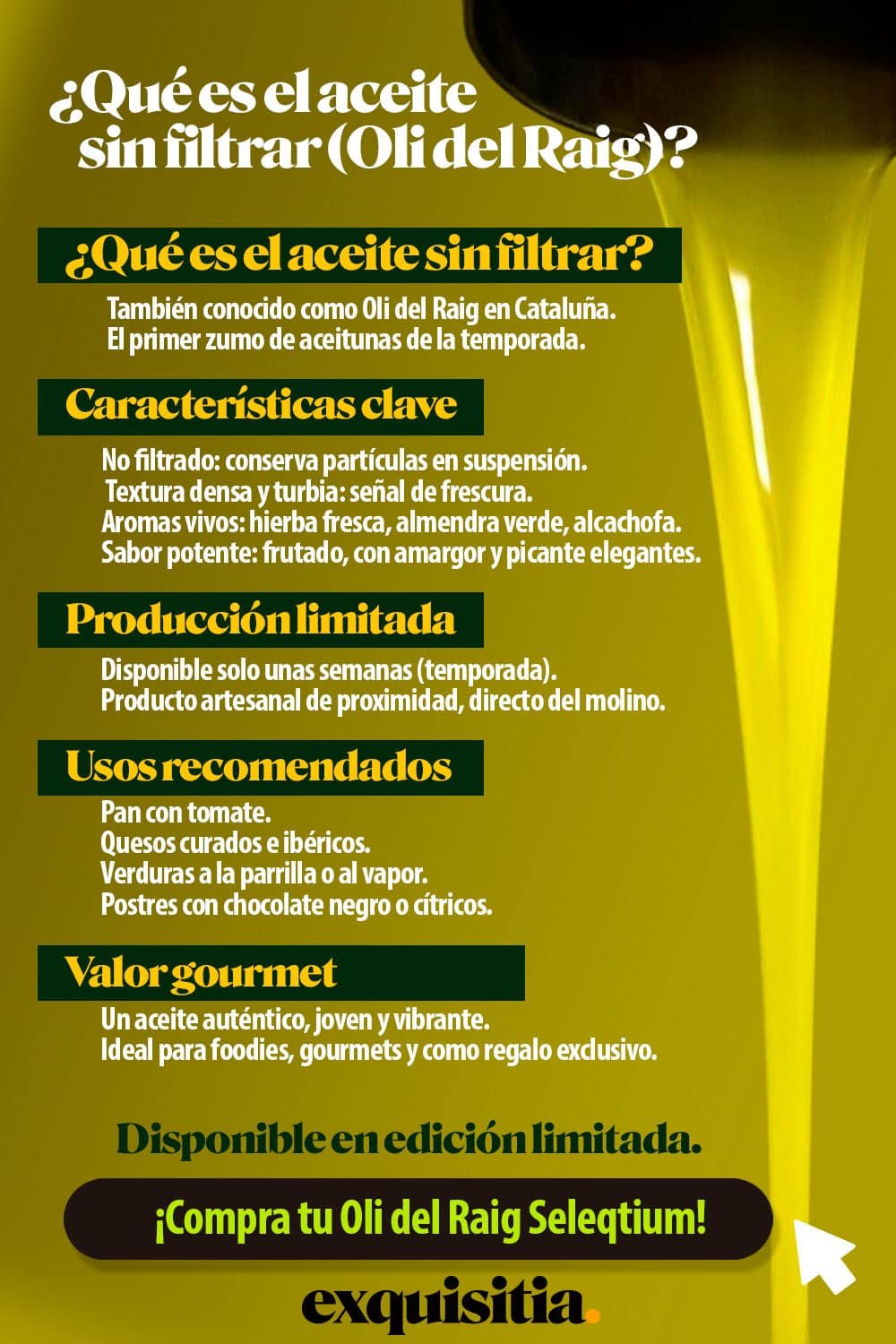 Selección del mejor aceite de oliva sin filtrar 2025 / 26: Oli del Raig Seleqtium by Exquisitia 25 Infografía: ¿Qué es el aceite de oliva sin filtrar o Oli del Raig? Características, usos y beneficios – Exquisitia.