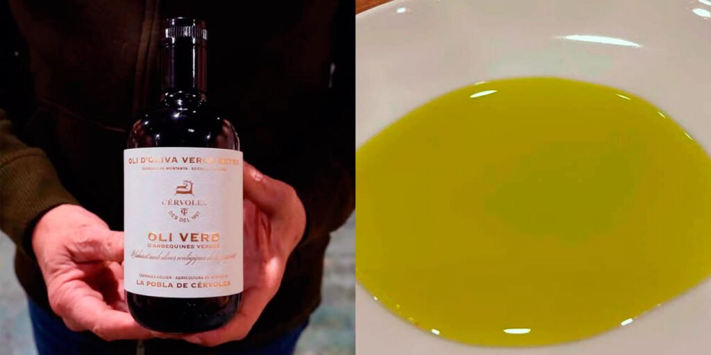Imagen de la botella y el color del nuevo Aceite Cérvoles de Tomàs Cusiné. 
