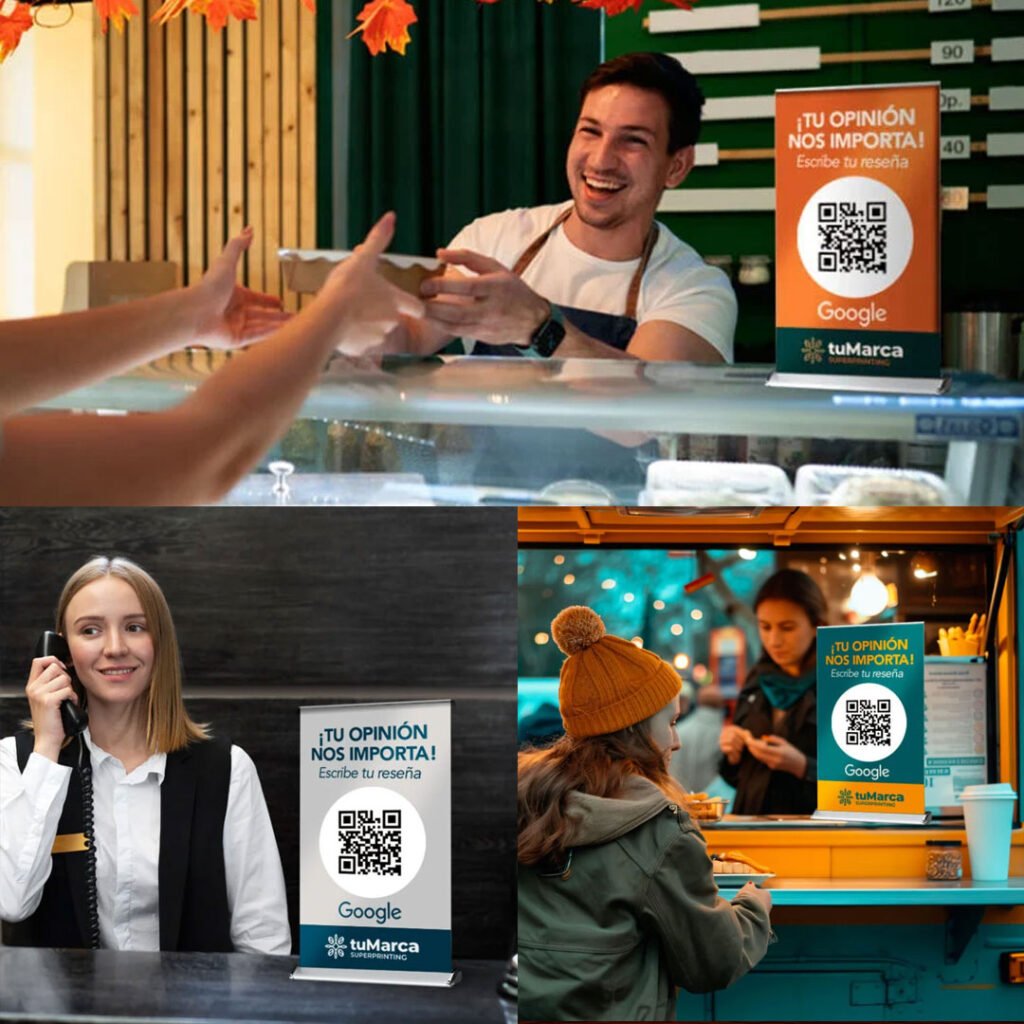 Diferentes negocios con el roll up Qr para aumentar las reseñas positivas de Google