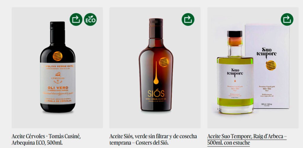Ejemplo de los productos expuestos en la tienda gourmet online Exquisitia, con los sellos de calidad descritos.