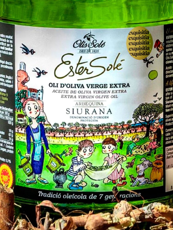 Aceite de Oliva Ester Solé, etiqueta con ilustración de Pilarín Bayés