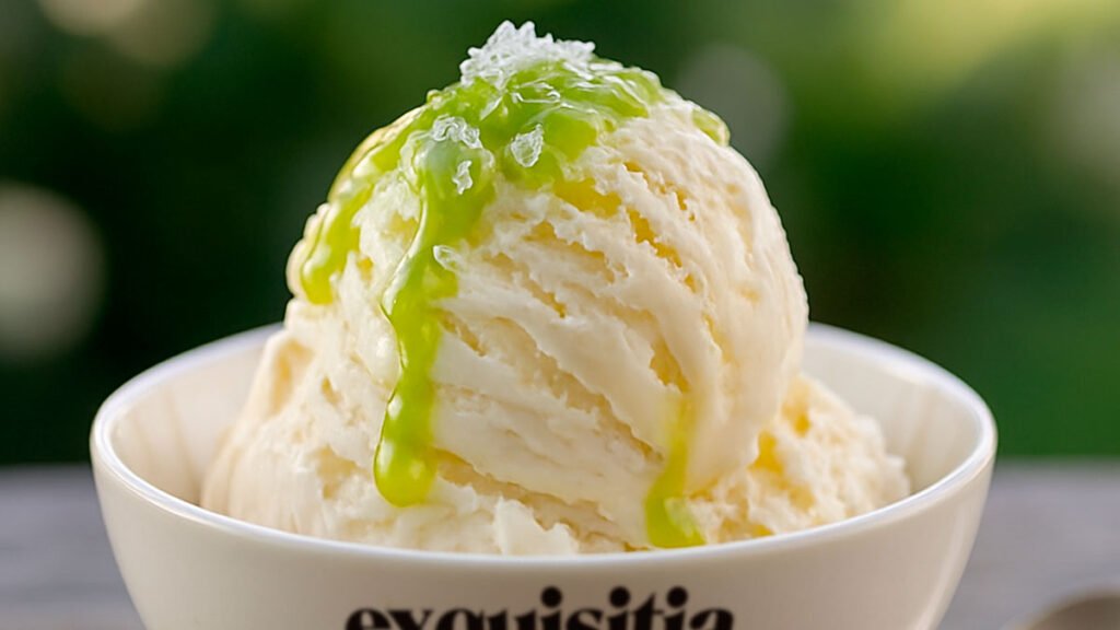Idea de aceite de oliva en postres; helado de vainilla con aceite de oliva y escamas de sal, un postre gourmet que sorprende.