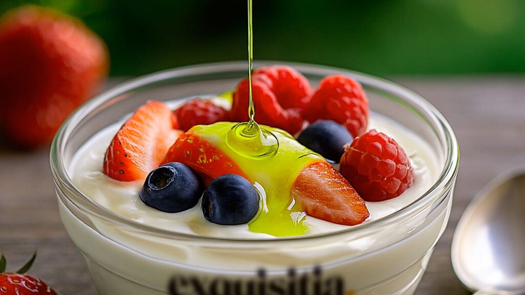 Yogur con fruta, miel y aceite de oliva gourmet