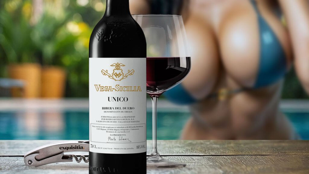 Exquisitia: el verano más gourmet con bikinis, glamour y Vega Sicilia Único 2014 17 Botella de Vega Sicilia Único 2014 con copa de vino tinto junto a piscina, lifestyle gourmet veraniego.