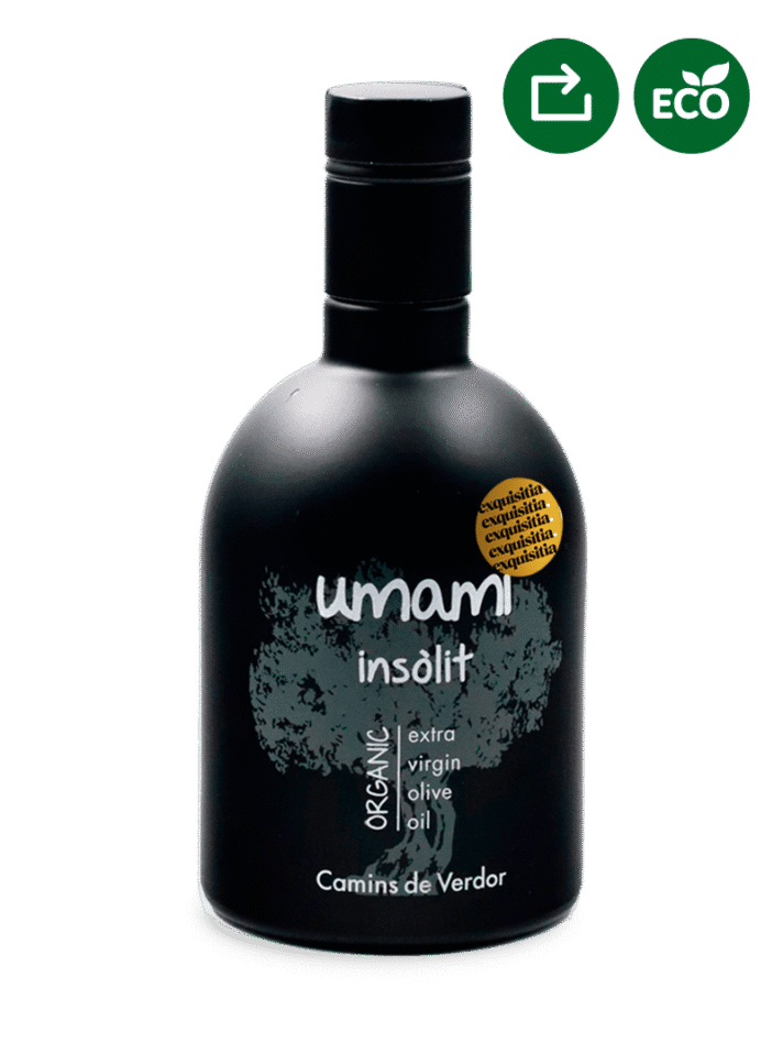 Botella de Aceite Umami Insòlit Camins de Verdor – AOVE ecológico arbequina frutado verde intenso 500ml. en Exquisitia