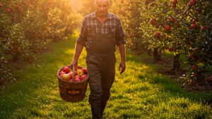 Agricultor en Lleida recogiendo manzanas ecológicas Seleqtium al atardecer