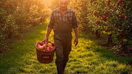 Agricultor en Lleida recogiendo manzanas ecológicas Seleqtium al atardecer