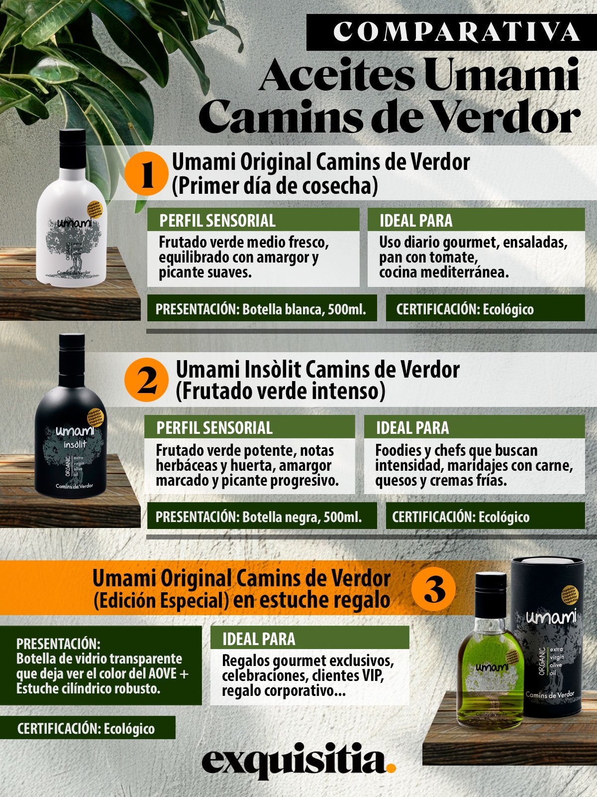 Aceite Umami Insòlit Camins de Verdor. Frutado verde intenso. ECO - 500ml. 14 Infografía comparativa Aceite Umami Camins de Verdor - Original, Insòlit y Estuche Regalo. Aceites de Lleida gourmet premium en Exquisitia