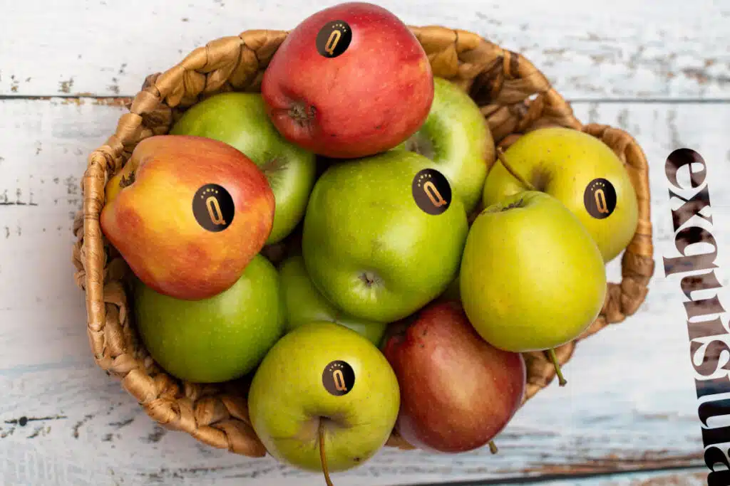 Cesta de manzanas ecológicas de Lleida seleccionadas por Exquisitia Seleqtium, fruta gourmet de proximidad y temporada.