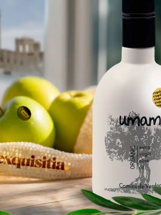 Bodegón gourmet de Exquisitia con lo mejor de Lleida fruta ecológica y botellas de aceite de oliva virgen extra gourmet Umami y Seleqtium, con la Seu Vella al fondo.