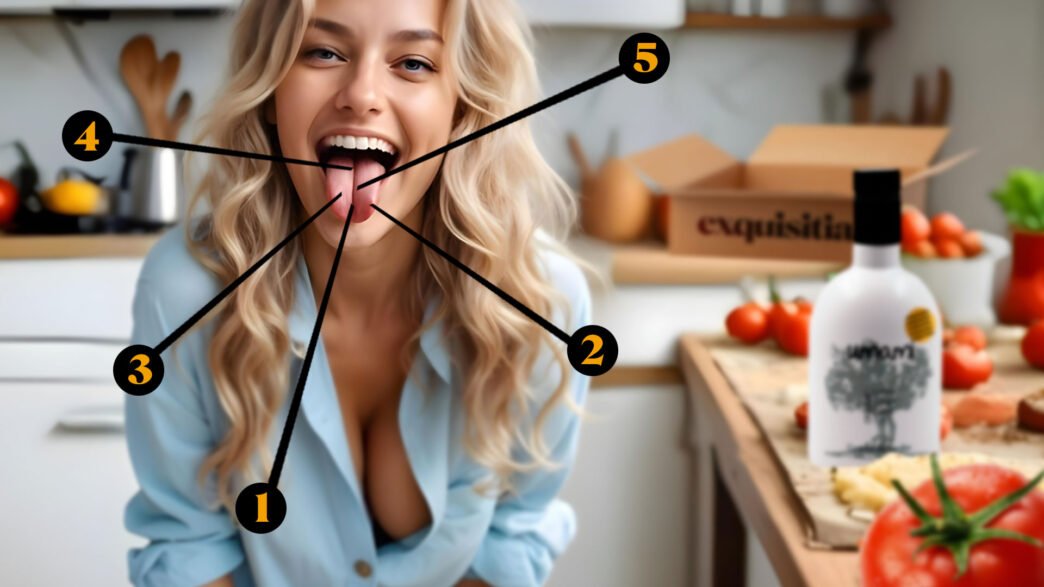 Sabor Umami. El quinto sabor que despierta tus sentidos. Silvia Luengo prepara una receta con sabor umami, tomates frescos y Aceite Umami Camins de Verdor en la cocina, caja de Exquisitia al fondo.