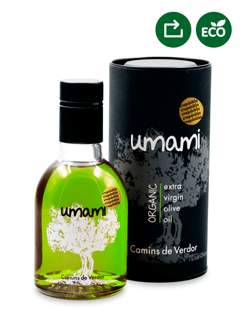 Aceite Umami en Estuche regalo. Camins de Verdor. Edición especial - 250ml. 13 Aceite Umami 250ml. en estuche regalo, de Camins de Verdor ideal como regalo gourmet, en Exquisitia.com