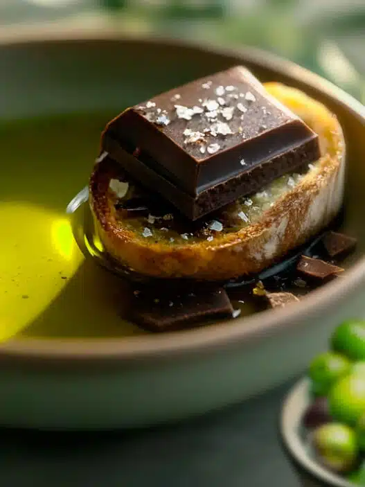 Receta postre gourmet, pan con aceite de cosecha temprana, chocolate negro y escamas de sal