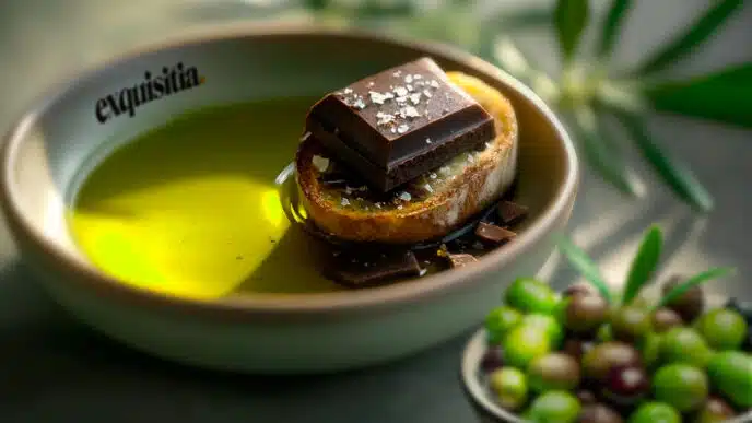 Receta postre gourmet, pan con aceite de cosecha temprana, chocolate negro y escamas de sal