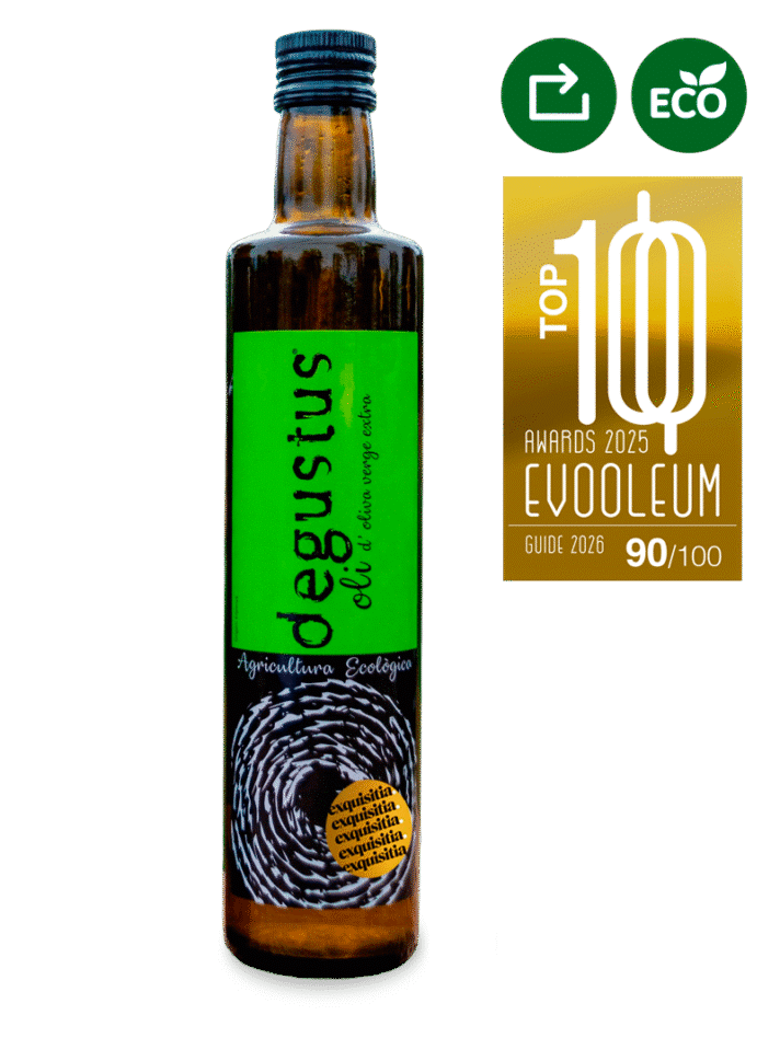 Botella de aceite Degustus Ecológico de arbequina, aceite de oliva virgen extra certificado de agricultura ecológica