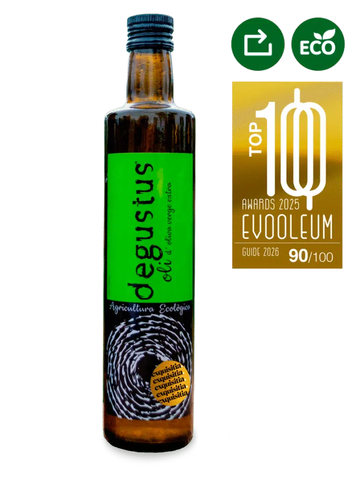 Botella de aceite Degustus Ecológico de arbequina, aceite de oliva virgen extra certificado de agricultura ecológica