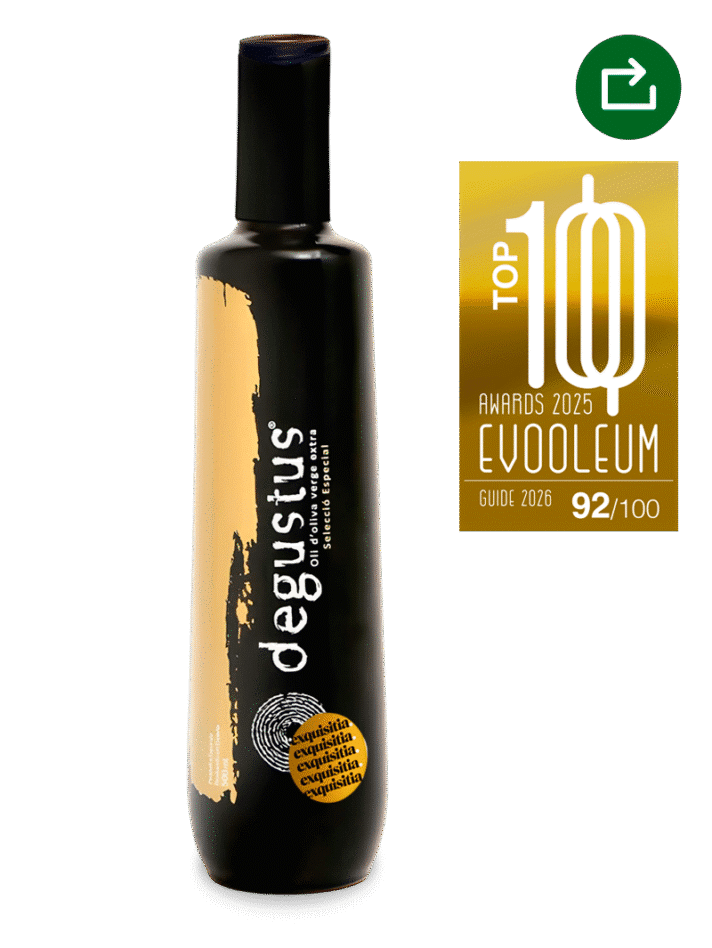 Botella de aceite Degustus Selección Especial, aceite de oliva virgen extra arbequina de alta calidad