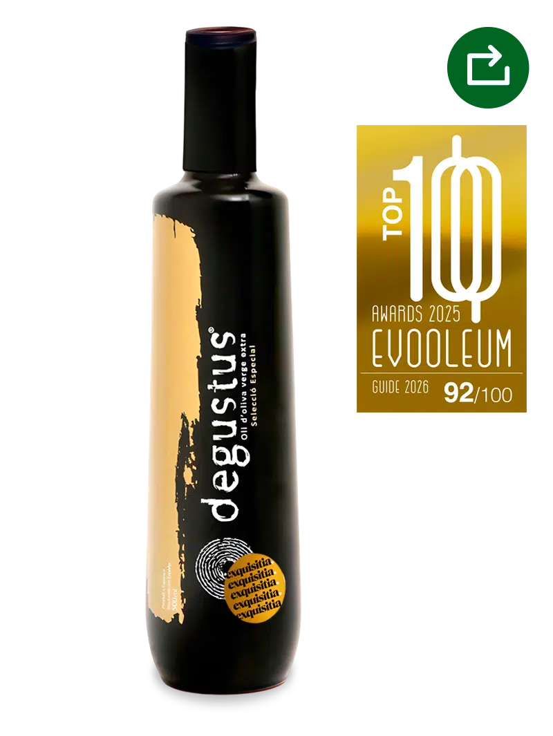 Botella de aceite Degustus Selección Especial, aceite de oliva virgen extra arbequina de alta calidad