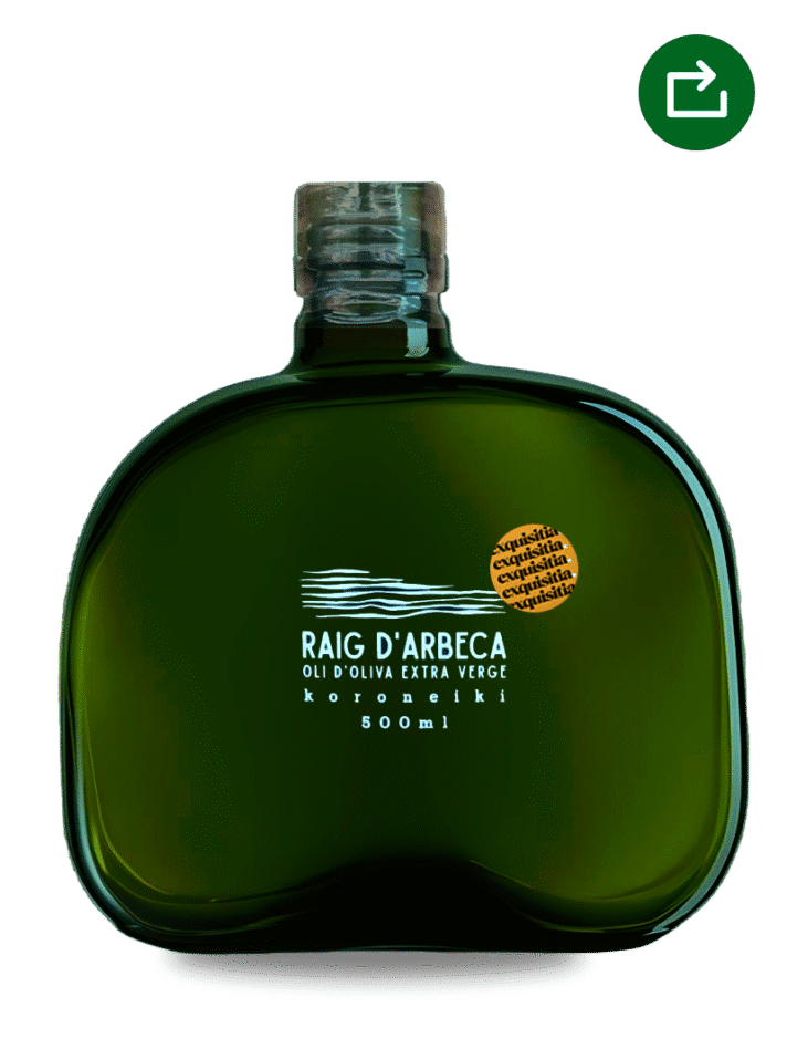 Aceite Koroneiki Raig d'Arbeca Premium, AOVE gourmet de producción limitada en botella de diseño de 500ml